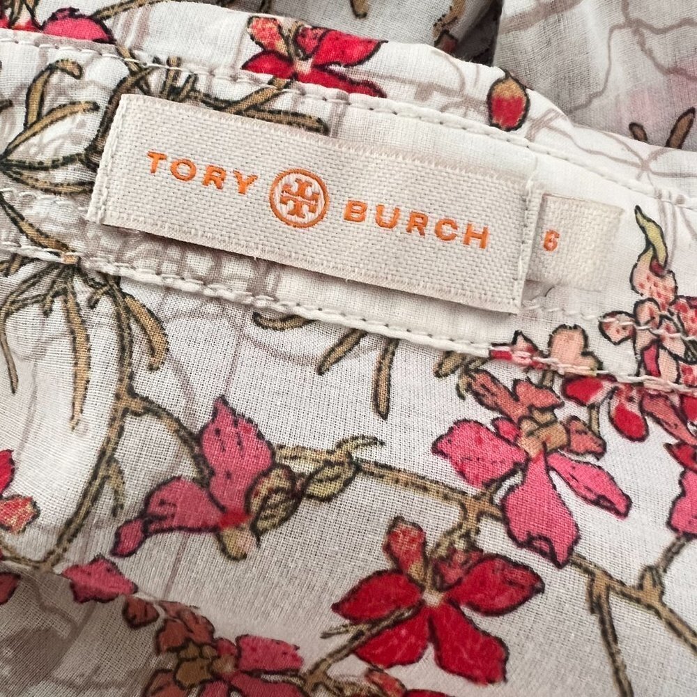 Tory Burch beige base floral print button down cotton shirt size 6 - Picture 4 of 6